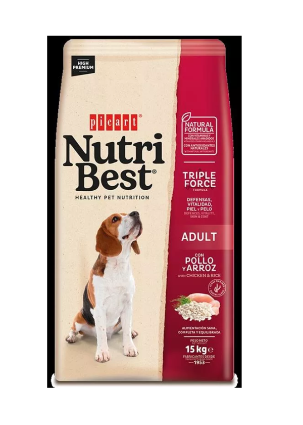 Nutribest, מזון לכלב בוגר מכל הגזעים על בסיס עוף ואורז. 15 ק"ג